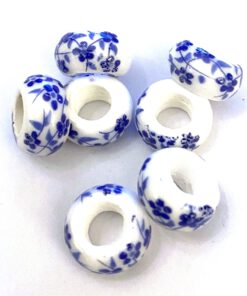 Kralen keramiek rondell White-Delft blue 14x9mm