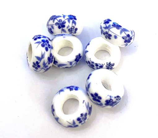 Kralen keramiek rondell White-Delft blue 14x9mm